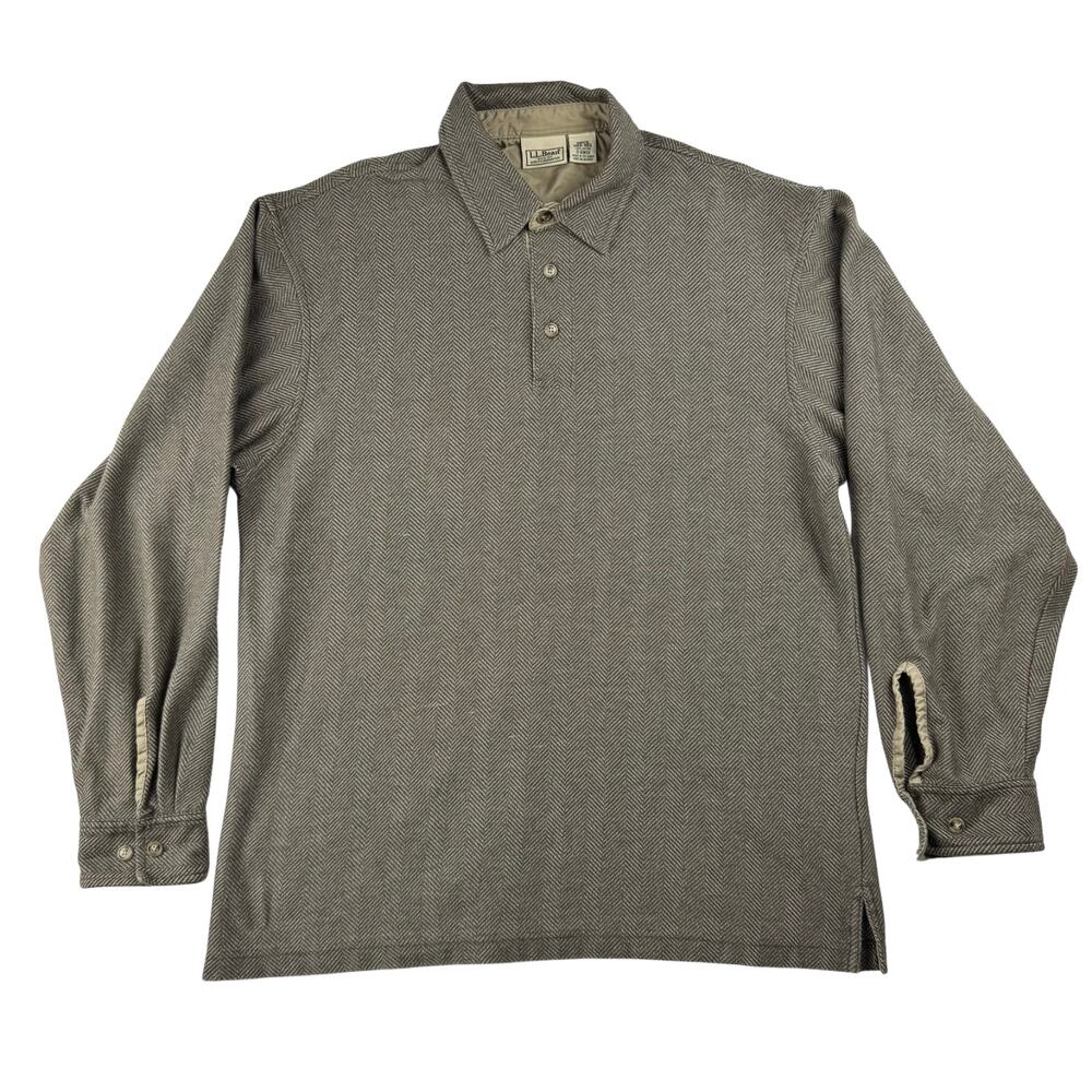 LL BEAN Cotton Long Sleeve Quarter Button Herringbone Pullover Men's M